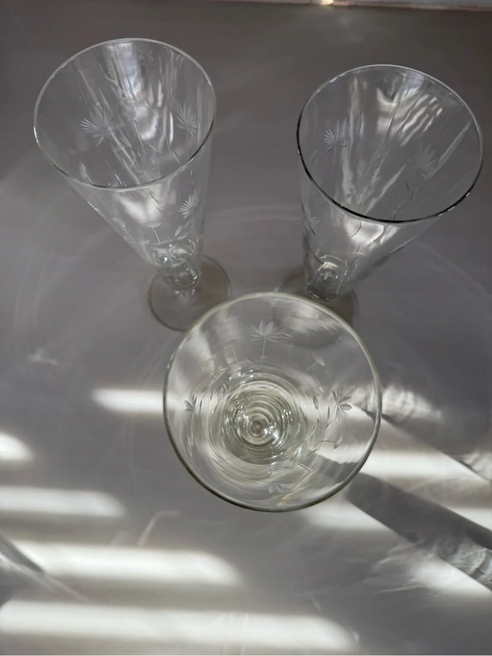 Vintage Clear Etched pilsners Champagne 1960’s set of 3 excellent condition